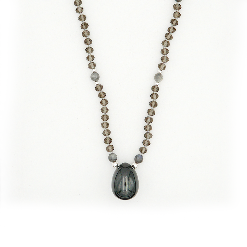 Nephrite Jade with Labradorite Crystal &amp; Smokey Glass Yoni Egg Mala - Light Collection