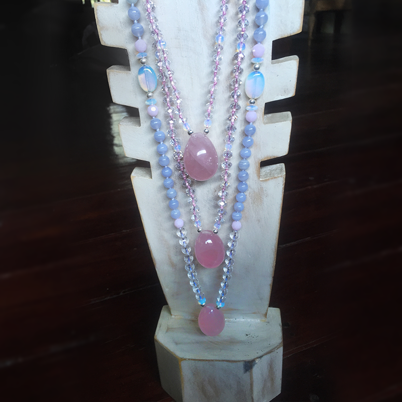 Clear Quartz Pure Crystal with Rose Quartz &amp; Blue Lace Agate Yoni Egg Mala - Luxe Collection