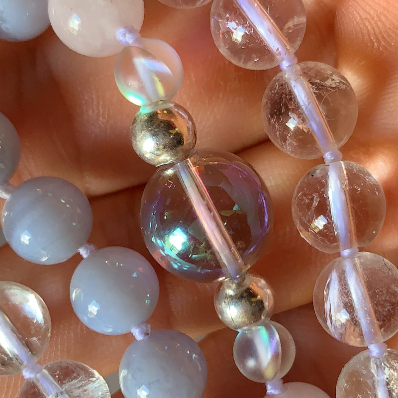 Star Rose Quartz with Clear &amp; Opal Orb Glass Long Yoni Egg Mala - Light Collection