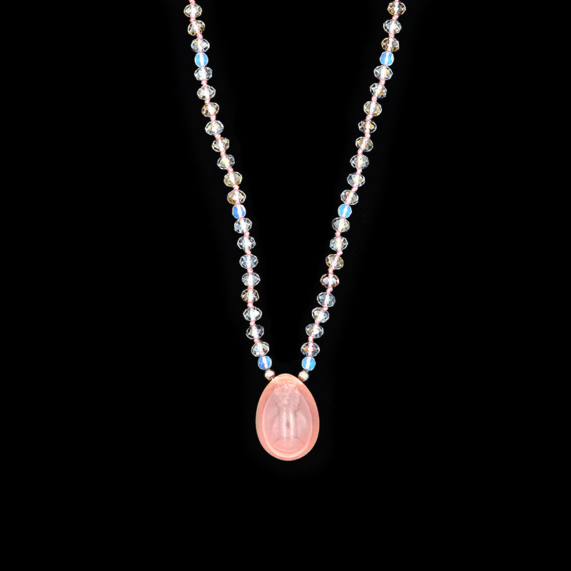 Star Rose Quartz with Clear &amp; Opal Glass Small Yoni Egg Mala - Light Collection