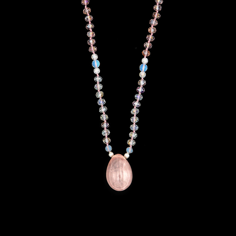 Star Rose Quartz with Clear, Pink and Opal Glass Long Yoni Egg Mala - Light Collection